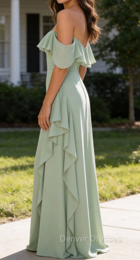 Light Green Mermaid Off the Shoulder Ruffled Bridesmaid Dress with Slit Secondary image
