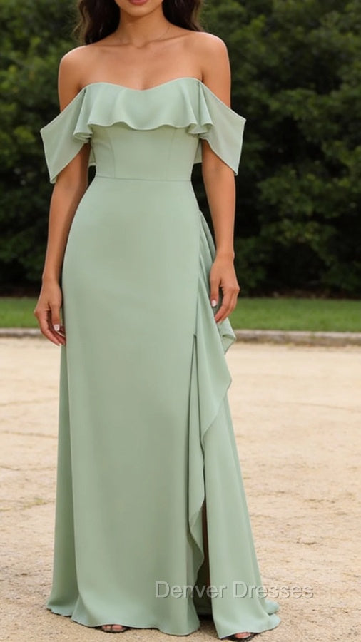 Light Green Mermaid Off the Shoulder Ruffled Bridesmaid Dress with Slit