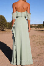 Light Green Mermaid Off the Shoulder Ruffled Bridesmaid Dress with Slit