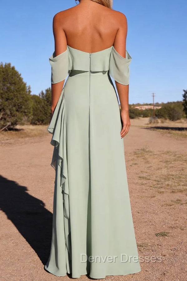 Light Green Mermaid Off the Shoulder Ruffled Bridesmaid Dress with Slit