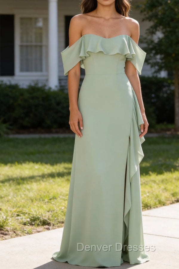 Light Green Mermaid Off the Shoulder Ruffled Bridesmaid Dress with Slit
