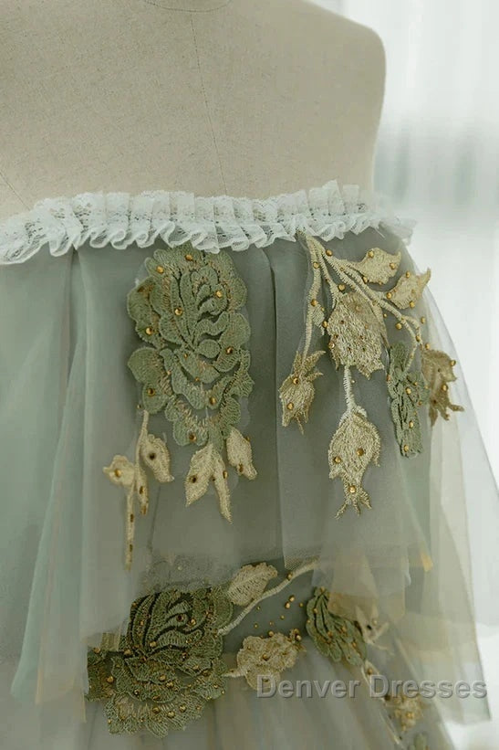 Light Green Off Shoulder Tulle Long Prom Dress A-Line Green Party Dress