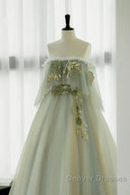 Light Green Off Shoulder Tulle Long Prom Dress A-Line Green Party Dress