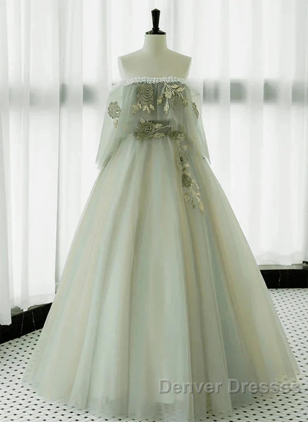 Light Green Off Shoulder Tulle Long Prom Dress A-Line Green Party Dress