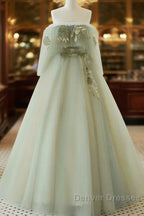 Light Green Off Shoulder Tulle Long Prom Dress A-Line Green Party Dress