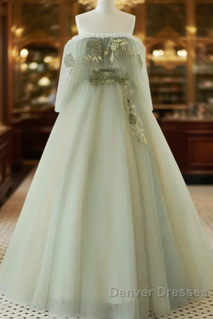 Light Green Off Shoulder Tulle Long Prom Dress A-Line Green Party Dress