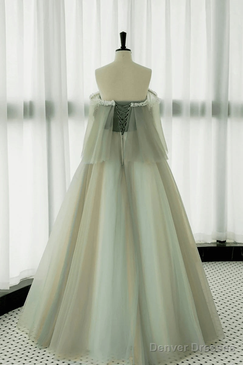 Light Green Off Shoulder Tulle with Lace Long Prom Dress, A-line Green Party Dress Secondary image