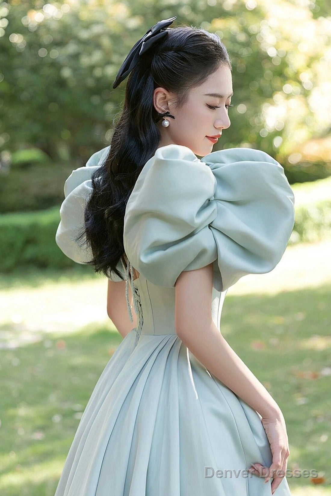 Light Green Satin Long A-Line Princess Dress, Cute Short Puff Sleeves Evening Party Dress Secondary image
