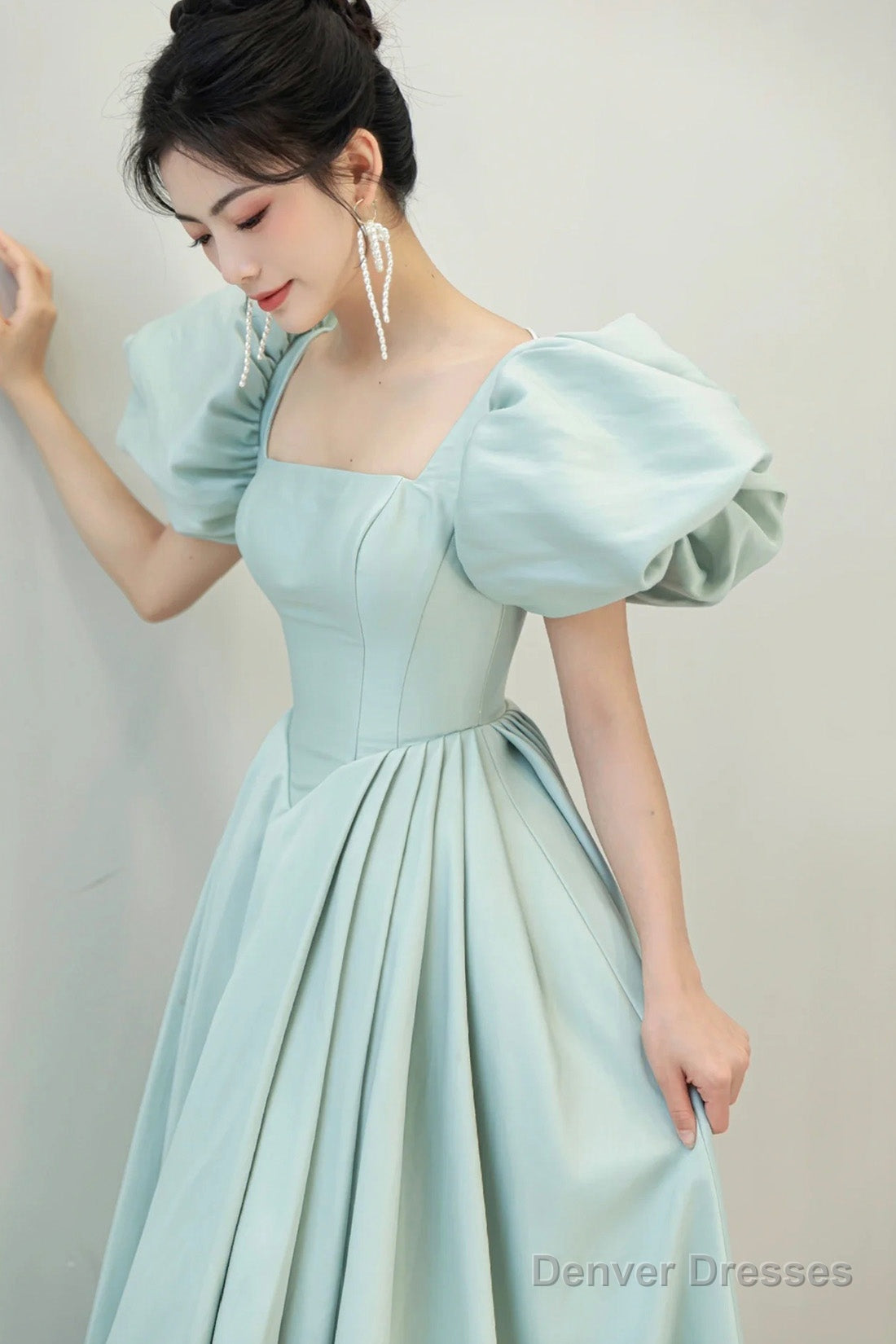 Light Green Satin Long A-Line Prom Dress, Cute Short Sleeve Evening Dress Secondary image