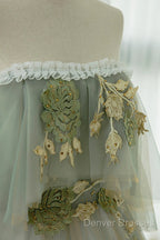 Light Green Scoop Off Shoulder A-Line Tulle Prom Dress, Light Green Evening Dress