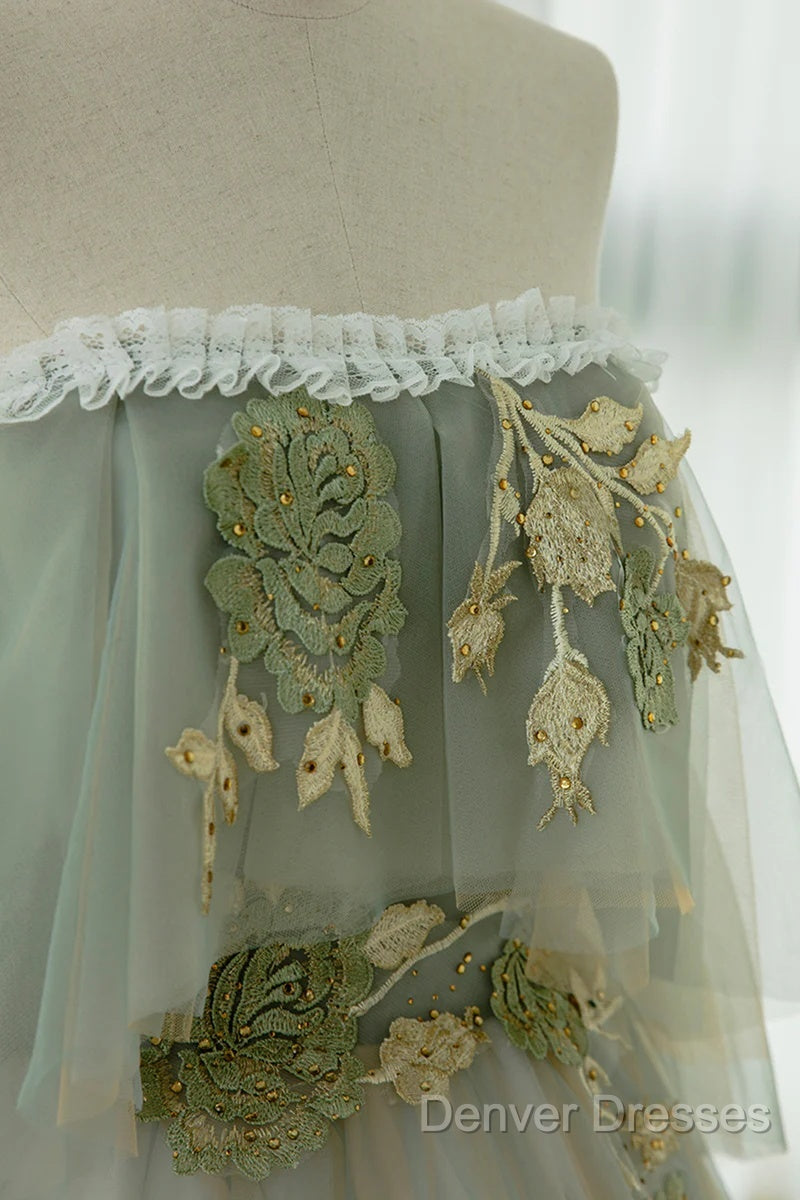 Light Green Scoop Off Shoulder A-Line Tulle Prom Dress, Light Green Evening Dress