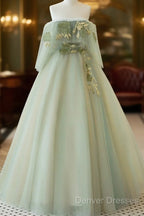 Light Green Scoop Off Shoulder A-Line Tulle Prom Dress, Light Green Evening Dress