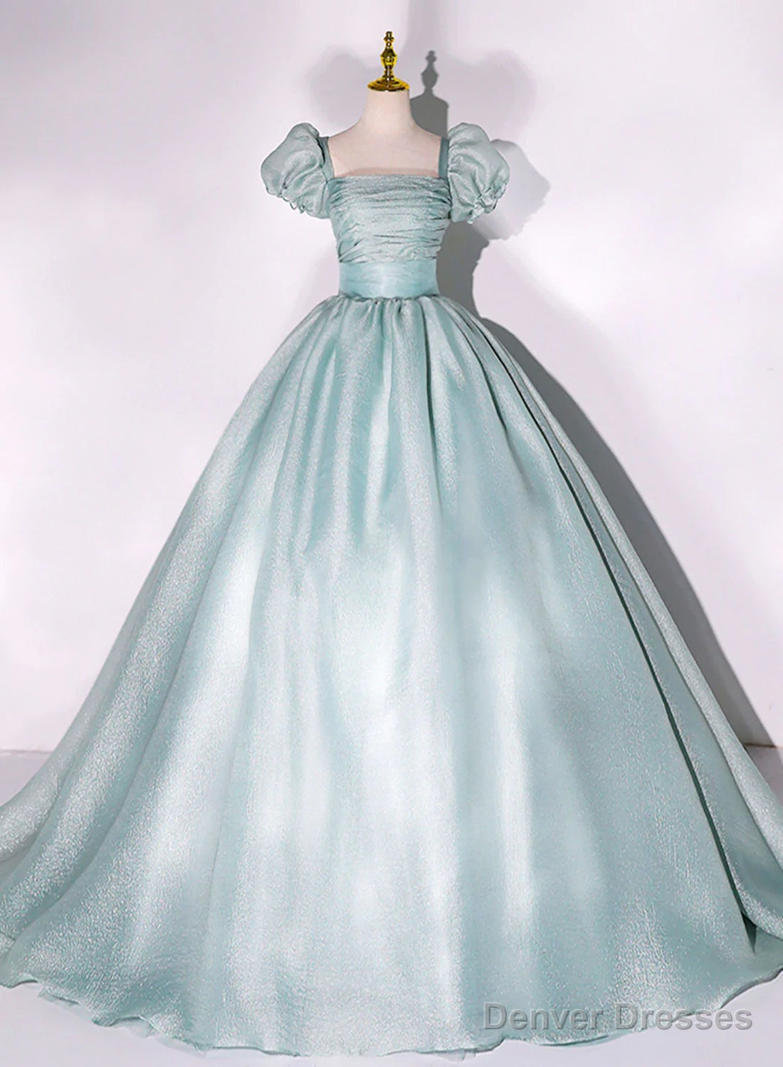 Light Green Short Sleeves Long Sweet 16 Dress, Green Scoop Prom Dress Secondary image
