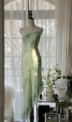 Light Green Simple Bodycon Dress One Shoulder Chiffon Applique Beaded Prom Dress