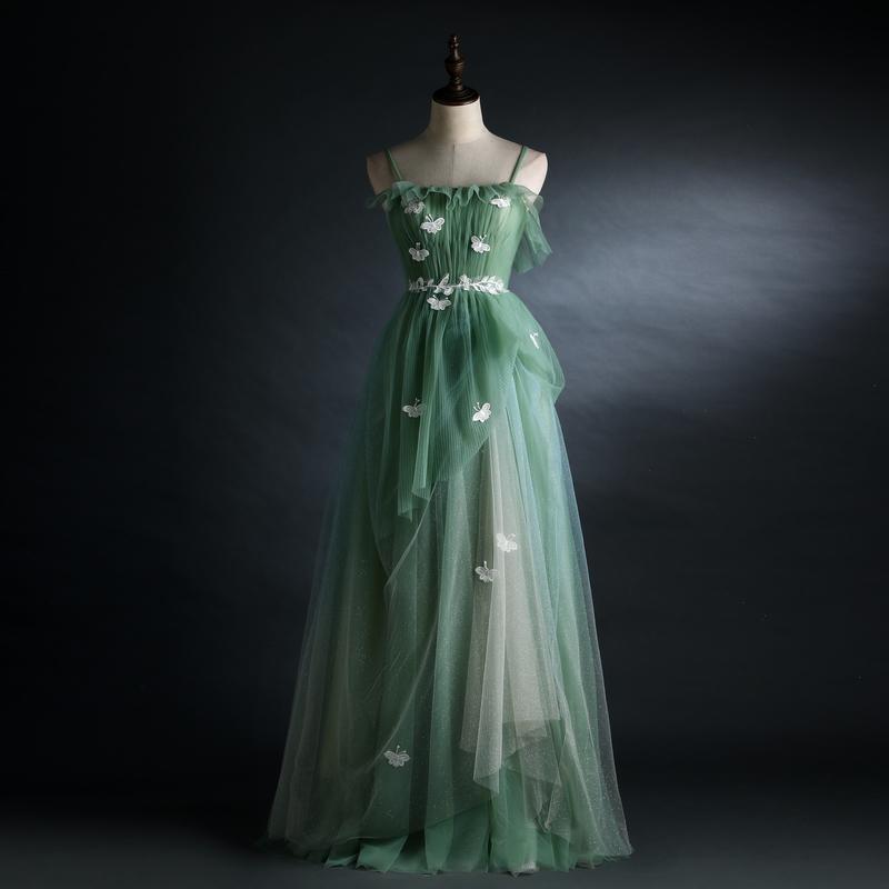 Light Green Straps Tulle Floor Length A-Line Prom Dress, Tulle Scoop Party Dress Formal Dress Main image