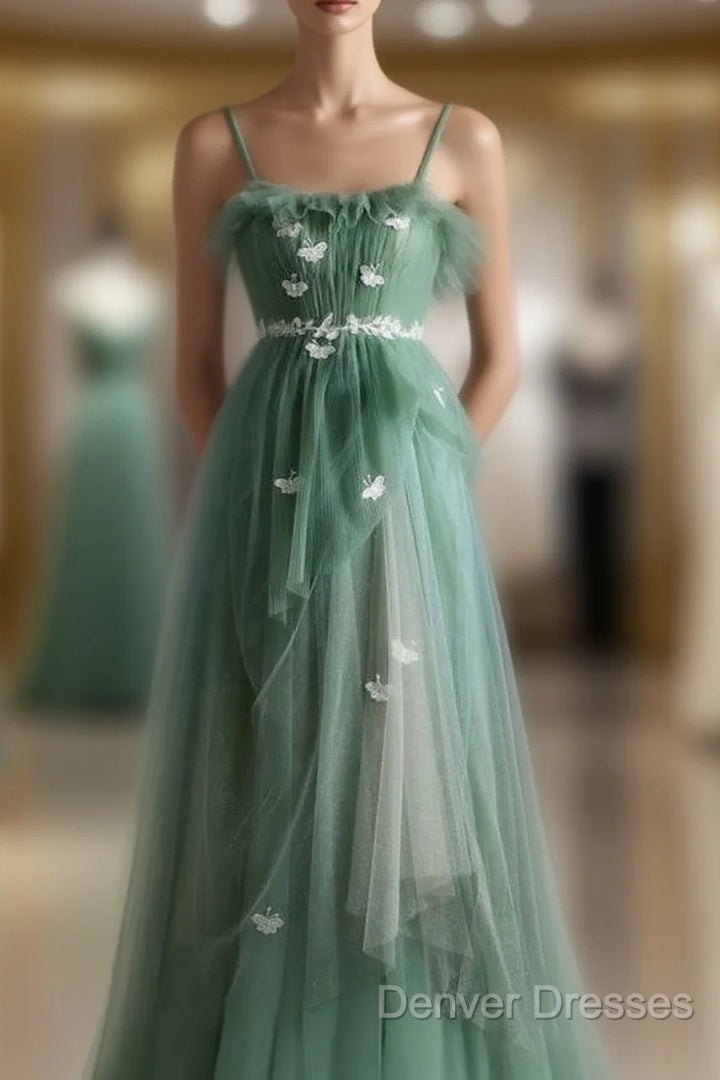 Light Green Straps Tulle Floor Length A-Line Prom Dress, Tulle Scoop Party Dress Formal Dress Main image