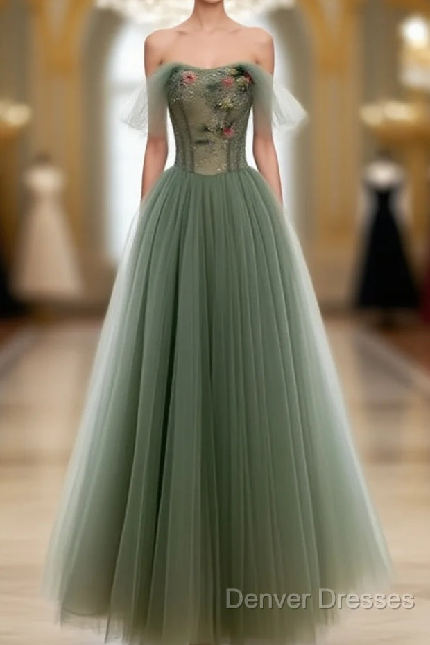 Light Green Sweetheart A-Line Prom Dress, Green Long Party Dress With Lace Applique Main image