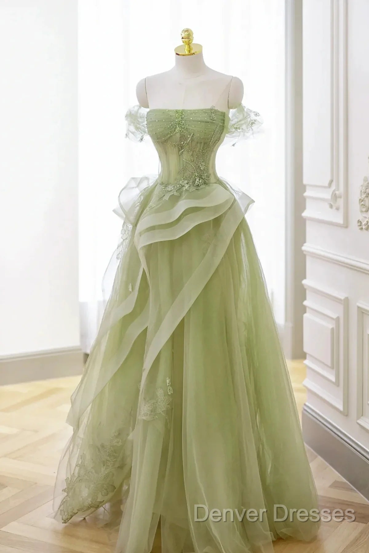 Light Green Sweetheart Beaded Off Shoulder Party Dress, Light Green Tulle Prom Dress