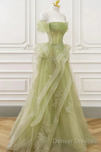 Light Green Sweetheart Beaded Off Shoulder Party Dress, Light Green Tulle Prom Dress