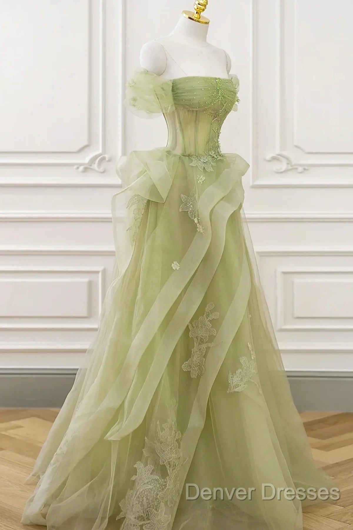 Light Green Sweetheart Beaded Off Shoulder Party Dress, Light Green Tulle Prom Dress