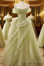 Light Green Sweetheart Beaded Off Shoulder Party Dress, Light Green Tulle Prom Dress
