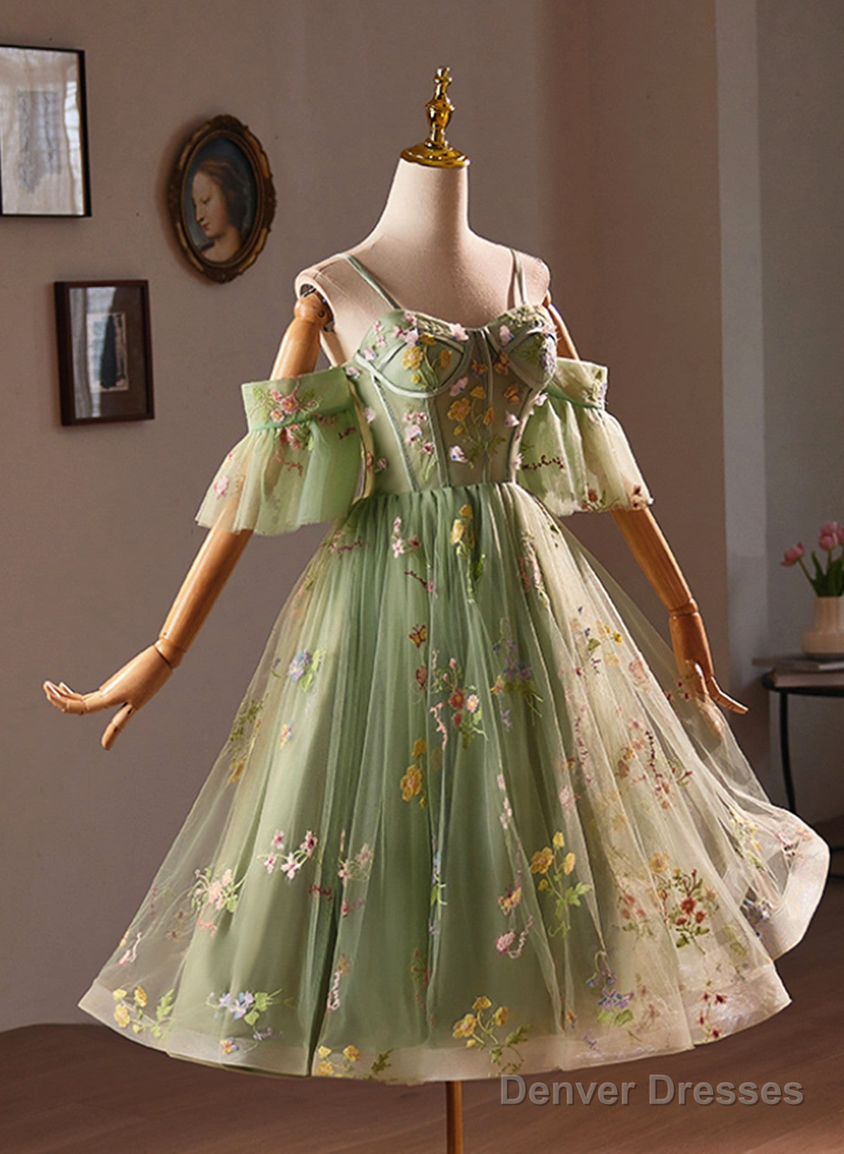 Light Green Sweetheart Tulle Floral Homecoming Dress, Green Short Prom Dress Secondary image