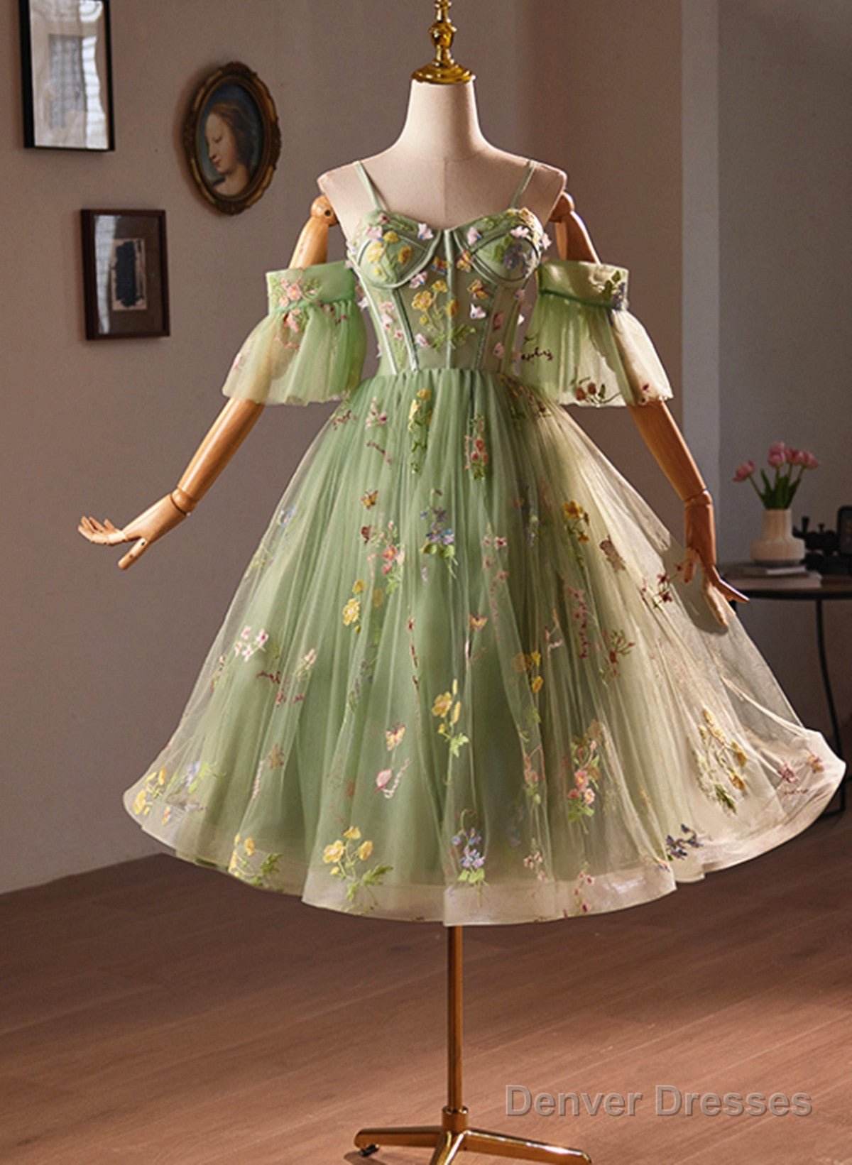 Light Green Sweetheart Tulle Floral Homecoming Dress, Green Short Prom Dress Main image