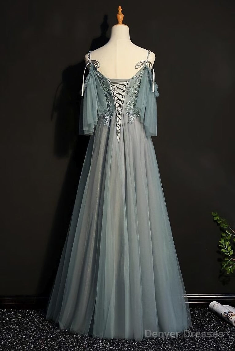 Light Green Tulle A-line Off Shoulder Party Dress, Long Prom Dress Secondary image