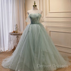 Light Green Tulle Beaded Ball Gown Off Shoulder Party Dress, Green Sweet 16 Dress