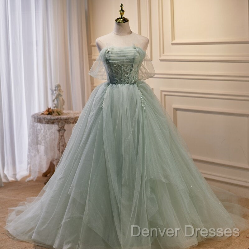 Light Green Tulle Beaded Ball Gown Off Shoulder Party Dress, Green Sweet 16 Dress