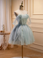 Light Green Tulle Beaded Short Prom Dress, Green Tulle Formal Dress Homecoming Dress