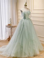 Light Green Tulle Beaded Sweetheart Long Prom Dress, A-line Green Formal Dress