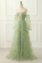 Light Green Tulle Floral Sleeves Long Party Dress, A-Line Light Green Prom Dress