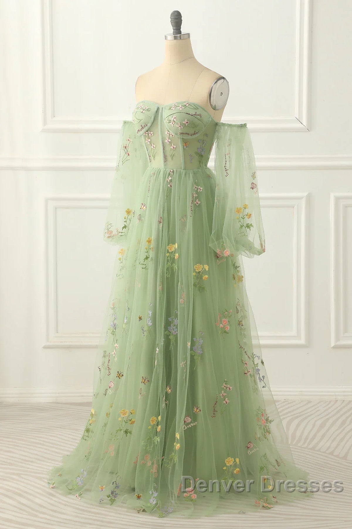 Light Green Tulle Floral Sleeves Long Party Dress, A-Line Light Green Prom Dress Secondary image