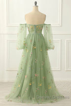 Light Green Tulle Floral Sleeves Long Party Dress, A-Line Light Green Prom Dress
