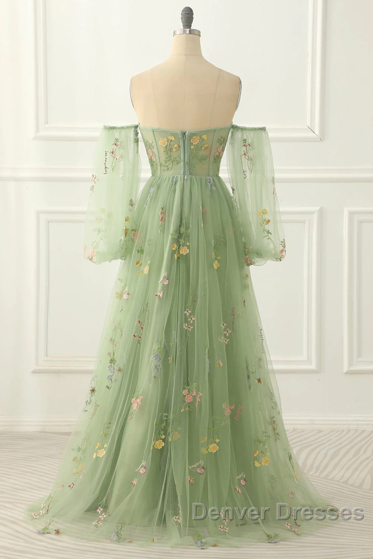 Light Green Tulle Floral Sleeves Long Party Dress, A-Line Light Green Prom Dress