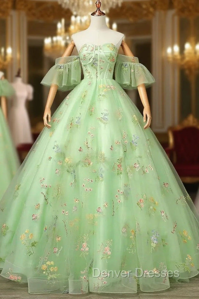Light Green Tulle Floral Straps Long Formal Dress, Light Green Prom Dress Main image