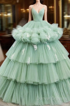 Light Green Tulle Layers Low Back Prom Dress, Light Green Sweet 16 Dress