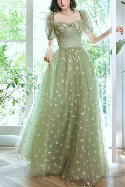 Light Green Tulle Long Formal Gown Party Dress Evening Prom Dresses Short Sleeves Prom Dress Main image