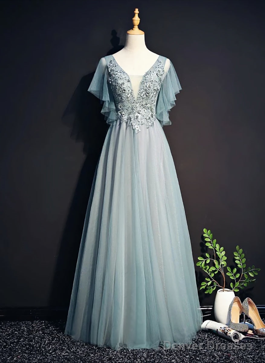 Light Green Tulle Long Party Dress, Green Lace Low Back Prom Dress Evening Dress Secondary image