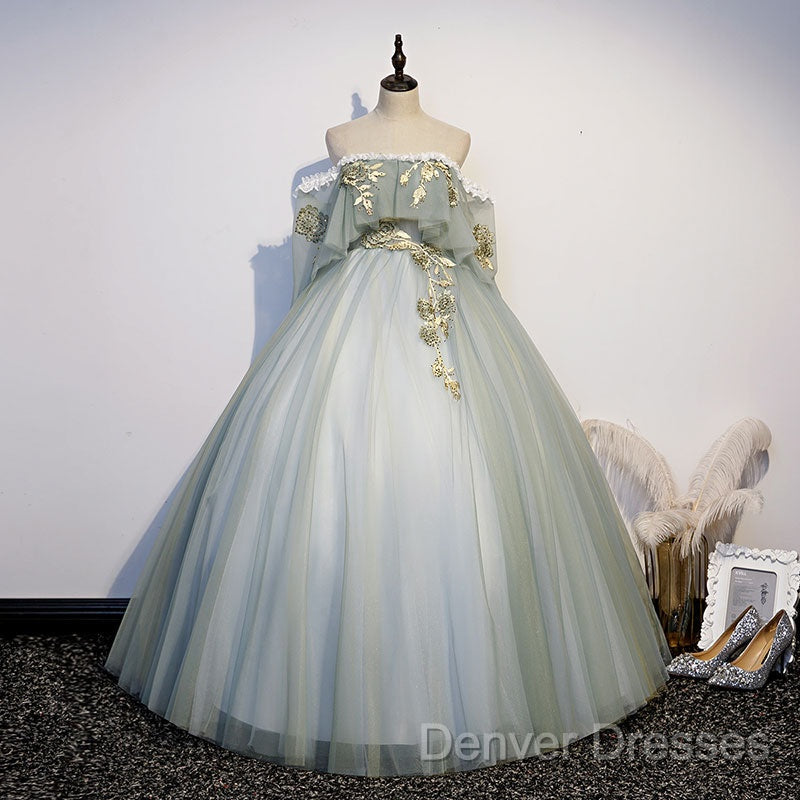 Light Green Tulle Long Party Dress Sweet 16 Dress, Off Shoulder Prom Dress