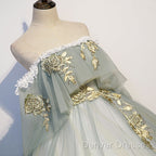 Light Green Tulle Long Party Dress Sweet 16 Dress, Off Shoulder Prom Dress