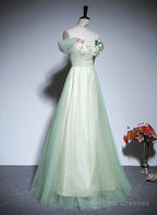 Light Green Tulle Off Shoulder A-Line Prom Dress, Light Green Flowers Long Evening Dress