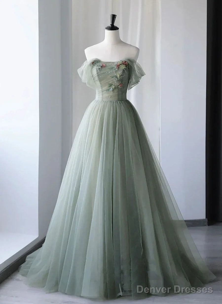 Light Green Tulle Off Shoulder Long Prom Dresses Green Sweetheart Party Dress prom dresses shops Main image