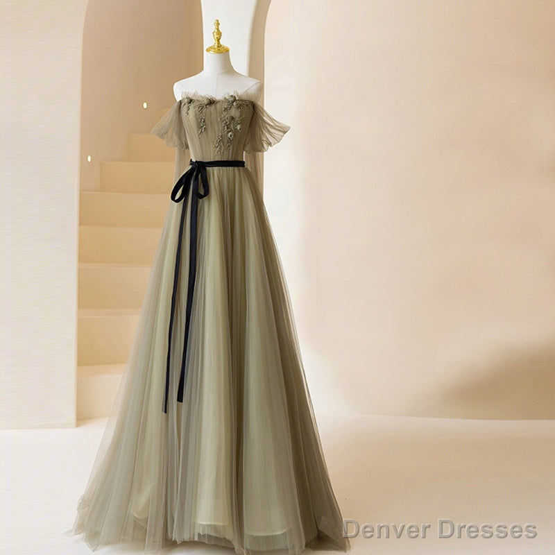Light Green Tulle Off Shoulder with Flowers A-line Prom Dress, Green Evening Gowns Main image