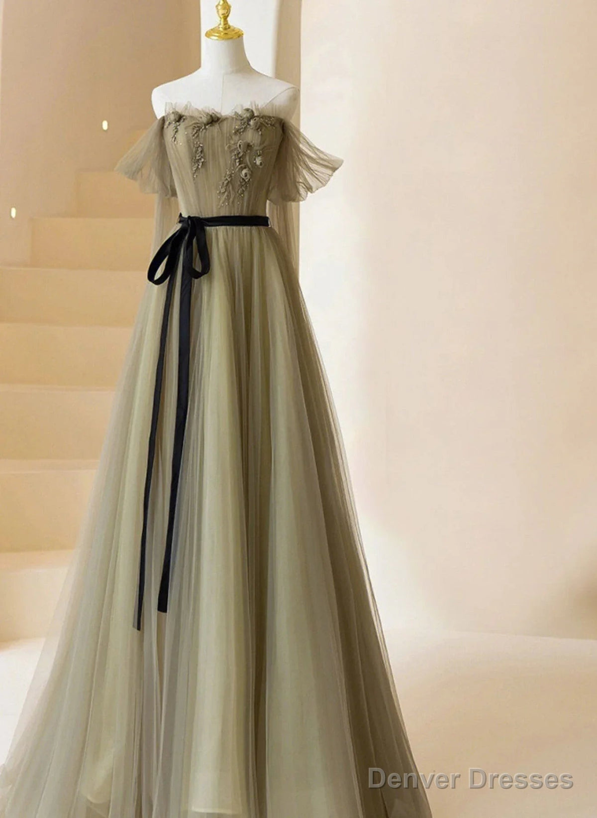 Light Green Tulle Off Shoulder with Flowers A-line Prom Dress Green Evening Gowns prom dresses shops Main image