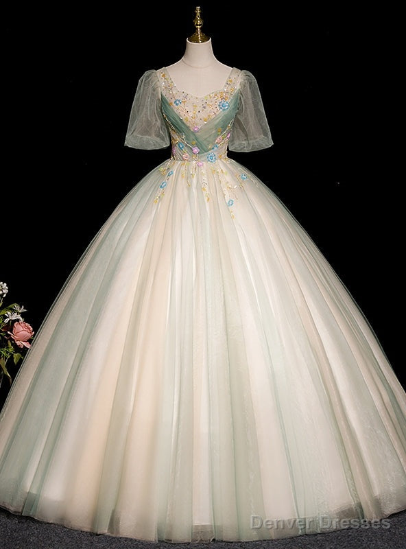 Light Green Tulle Short Sleeve Sequins Quinceanera Dress Main image