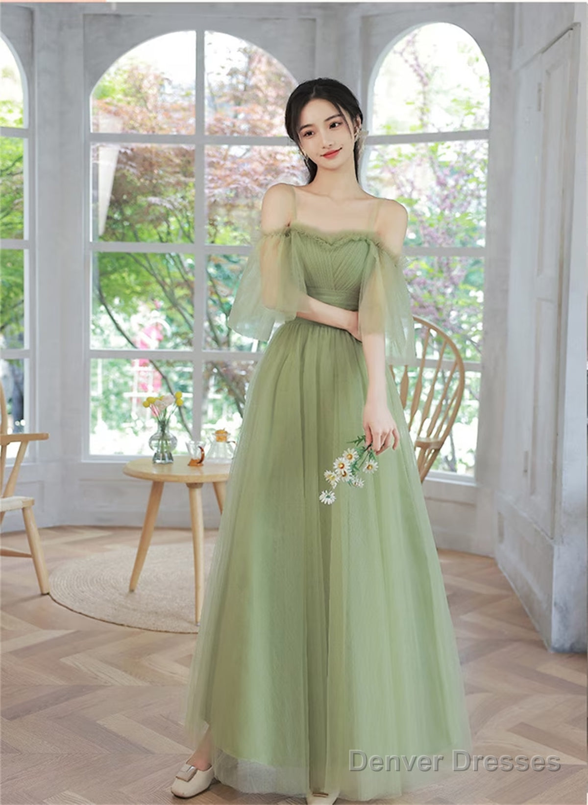Light Green Tulle Straps A-Line Party Dress, Light Green Prom Dress Evening Dress Main image