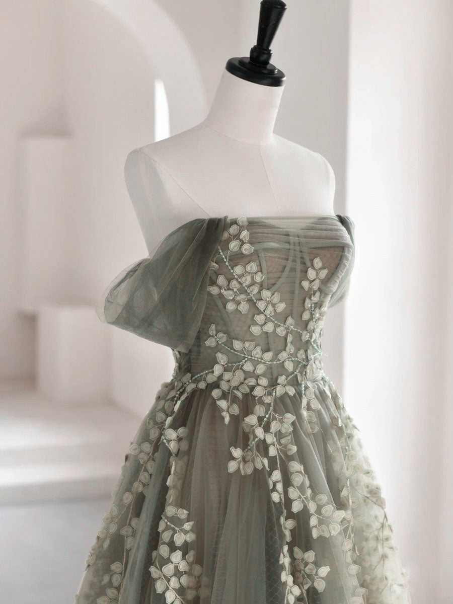 Light Green Tulle Sweetheart A-Line Long Party Dress, Tulle Off Shoulder Prom Dress Secondary image