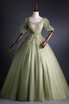 Light Green Tulle With Gold Lace Short Sleeves Formal Dress, Light Green Sweet 16 Gown